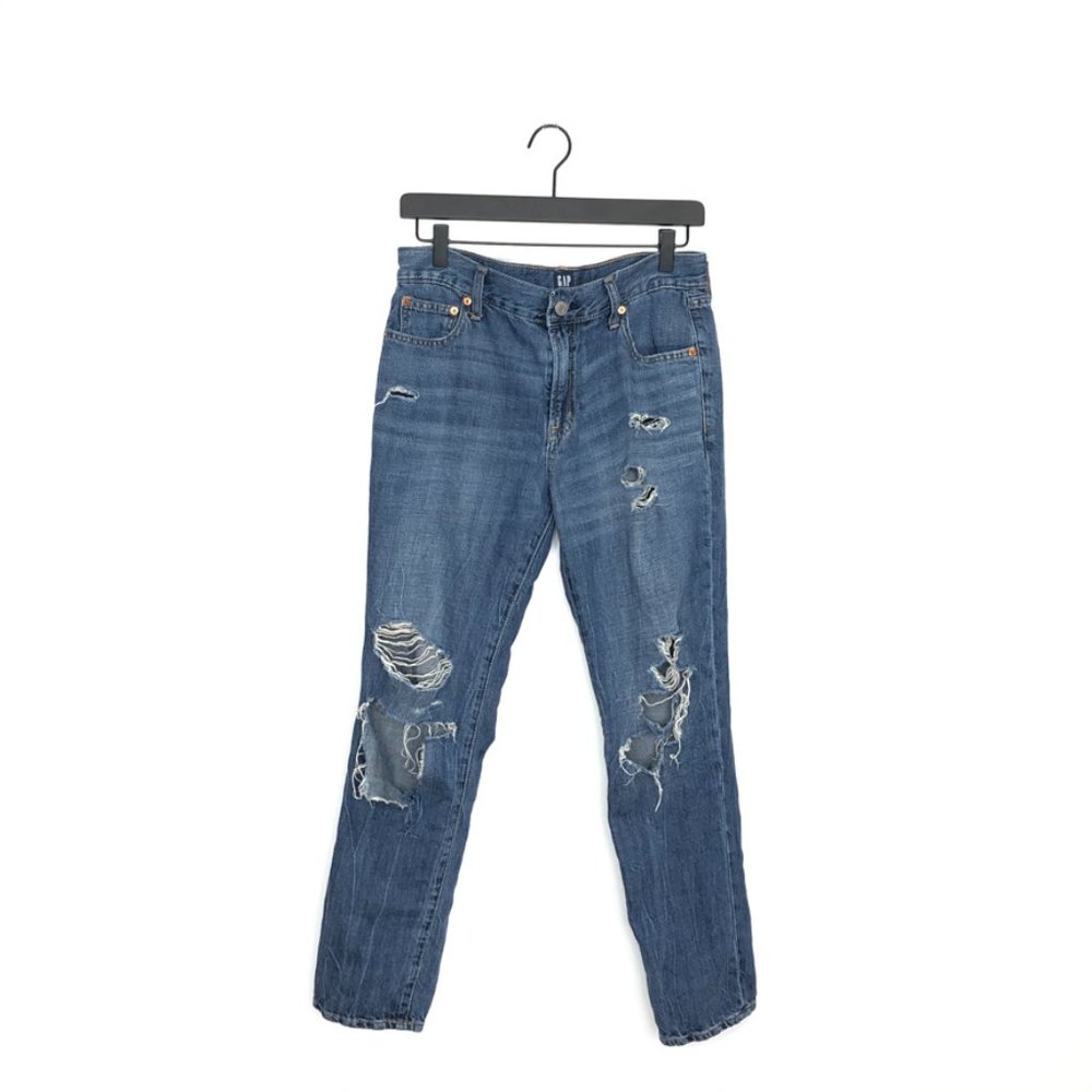 Gap Best Girlfriend Jeans, Straight Leg, Distressed Dark Wash, Women's Size 27